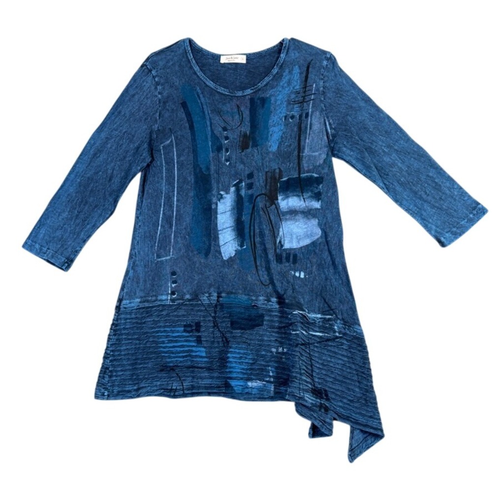 Jess & Jane Blue Mineral Wash Abstract Print Asymmetrical Hem Tunic Top Small